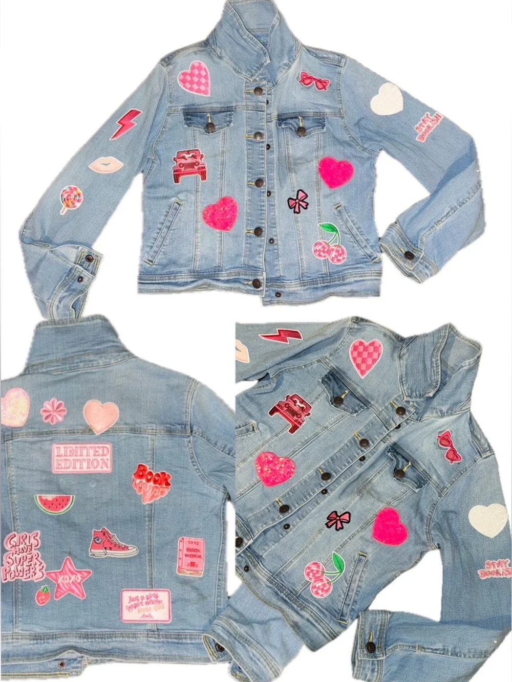 Light Blue Girls' Denim Jacket w/various girly Sequin Patches 10/12